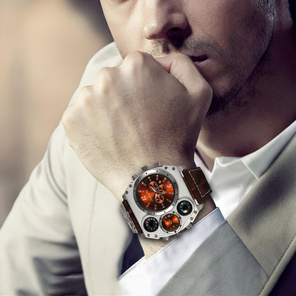Men's Dual Time Zone Quartz Watch – Large Dial Luminous Faux Leather Wristwatch, Casual Sport Business Style, Cool Gift for Him