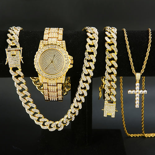 Men's Punk Watch & Jewelry Set 4-Piece – Quartz Watch, Cuban Chain Necklace, Bracelet & Cross Necklace with Rhinestone Details, Bold Gift for Him