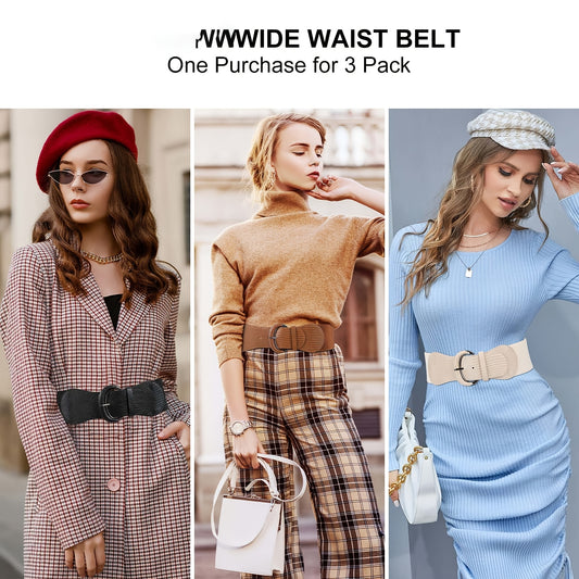 3-Pack SUOSDEY Vintage Matte Wide Waist Belts for Women, Elastic Band with Hook Buckle, Versatile for Beach, Party, Wedding, Casual & Festive Occasions, Braided Bow Design, Hand Washable