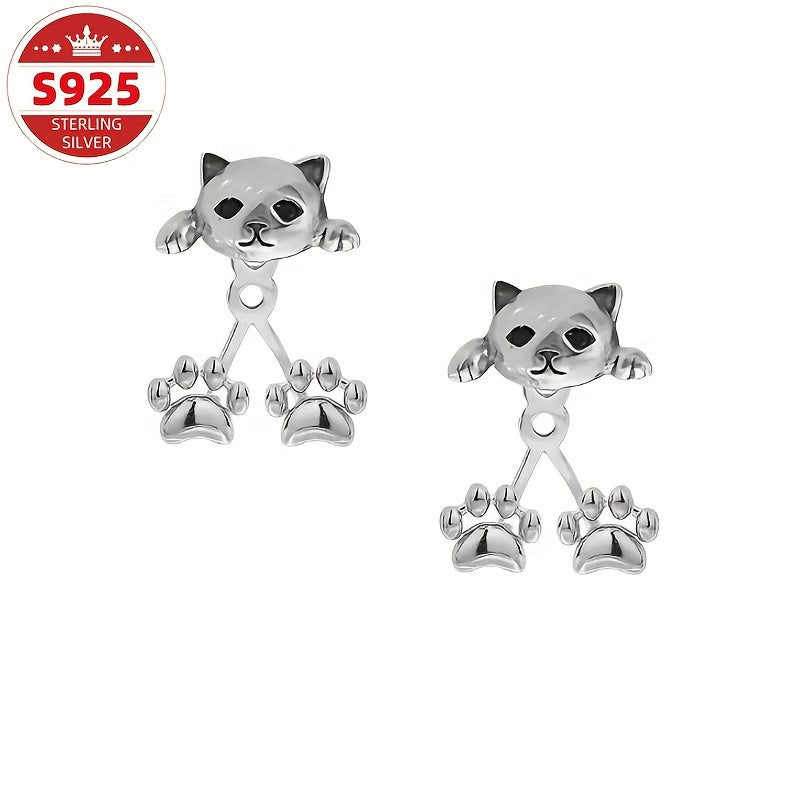 Cat Paw Dangle Earrings S925 Sterling Silver Cute Creative Design Hypoallergenic Women Girls Daily Wear Christmas Gift Jewelry