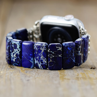 Natural Stone Boho Beaded Bracelet Apple Watch Band for Women — Handmade Elastic Rope Strap, Navy & Multicolor, Fits 38/40/41mm Series 1-9 SE Ultra