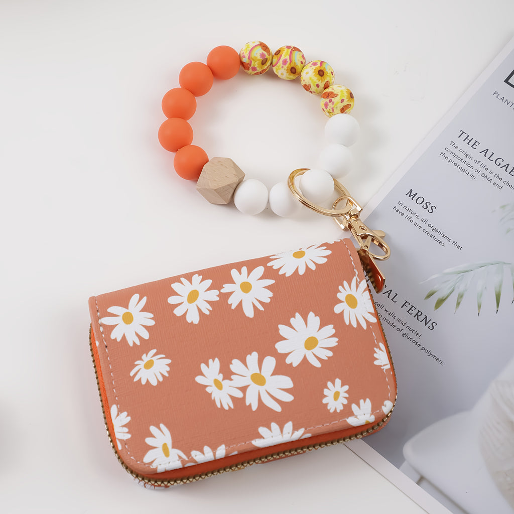 A Women's Small Daisy Fresh, Fashionable, and Sweet Accordion Cardholder Keychain. Zipper Pouch with Printed Beads, Hand-beaded Wrist Keychain. Multi-card Slot Cardholder. Women's Wrist Keyring. Bag Charm. Gift for Mom or Friend