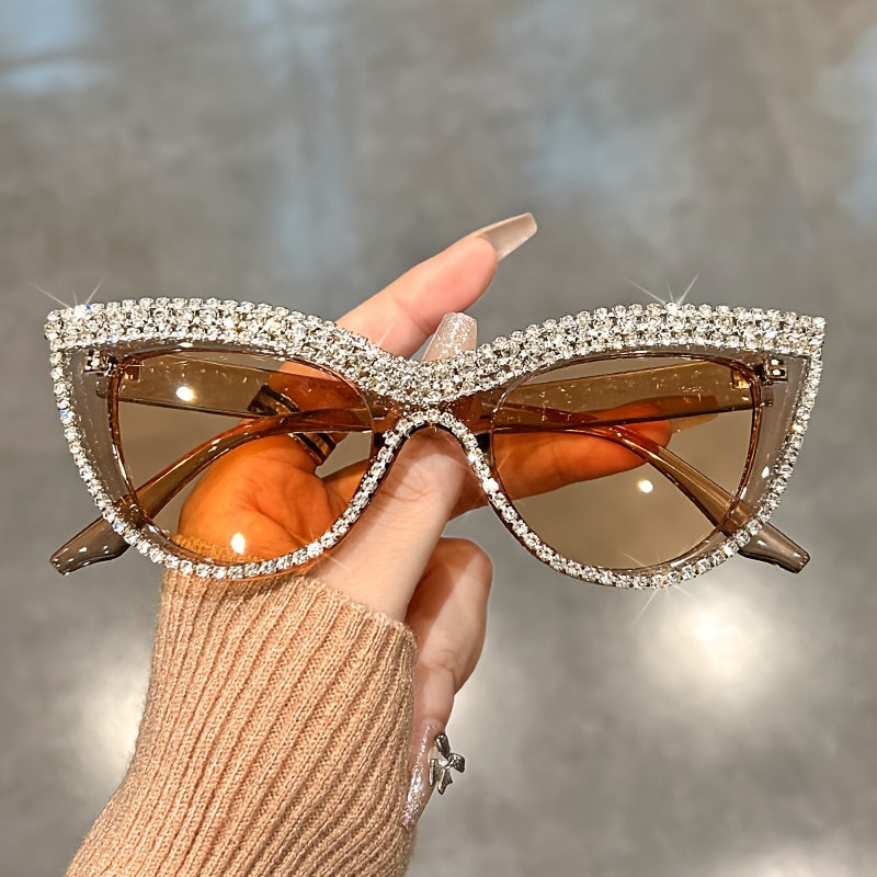 Rhinestone Cat Eye Glasses Women 2 Pack Sparkling Composite Frame Decorative Eyewear with Case Champagne Black Prom Costume Party Special Occasions Luxury Fashion