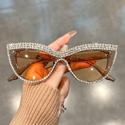 Rhinestone Cat Eye Glasses Women 2 Pack Sparkling Composite Frame Decorative Eyewear with Case Champagne Black Prom Costume Party Special Occasions Luxury Fashion