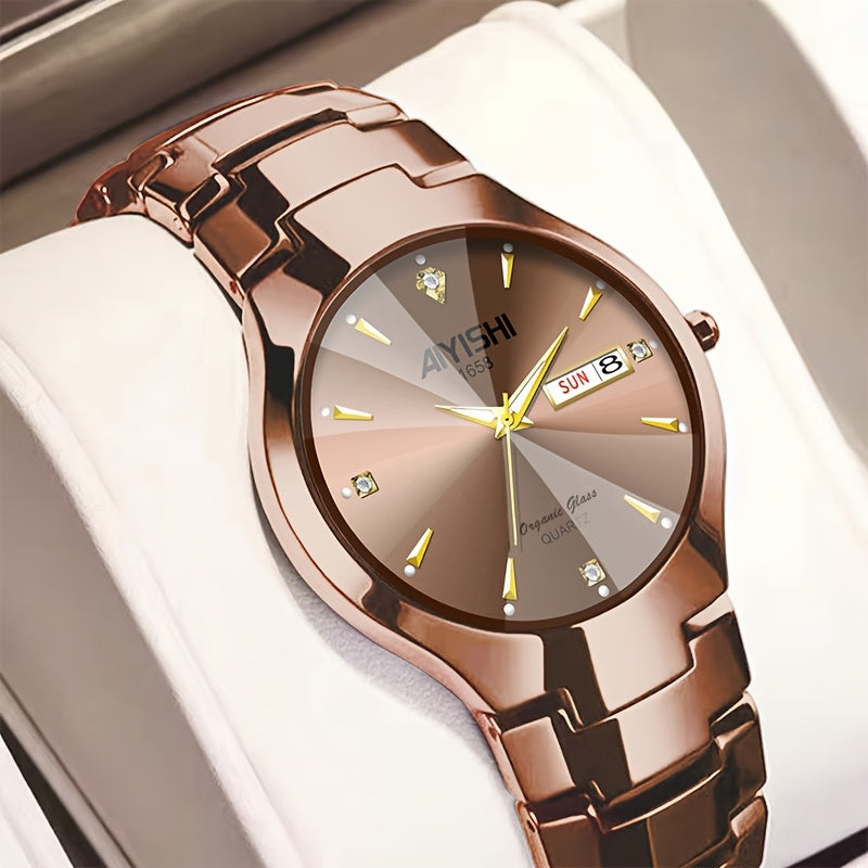 AIYISHI 2024 Fashionable Elegant Business Daily Wear Double Calendar With Luminous Men's Luxury Classic Coffee Gold Stainless Steel Watch With Quartz Wristwatch, The Ideal Choice For Gifts