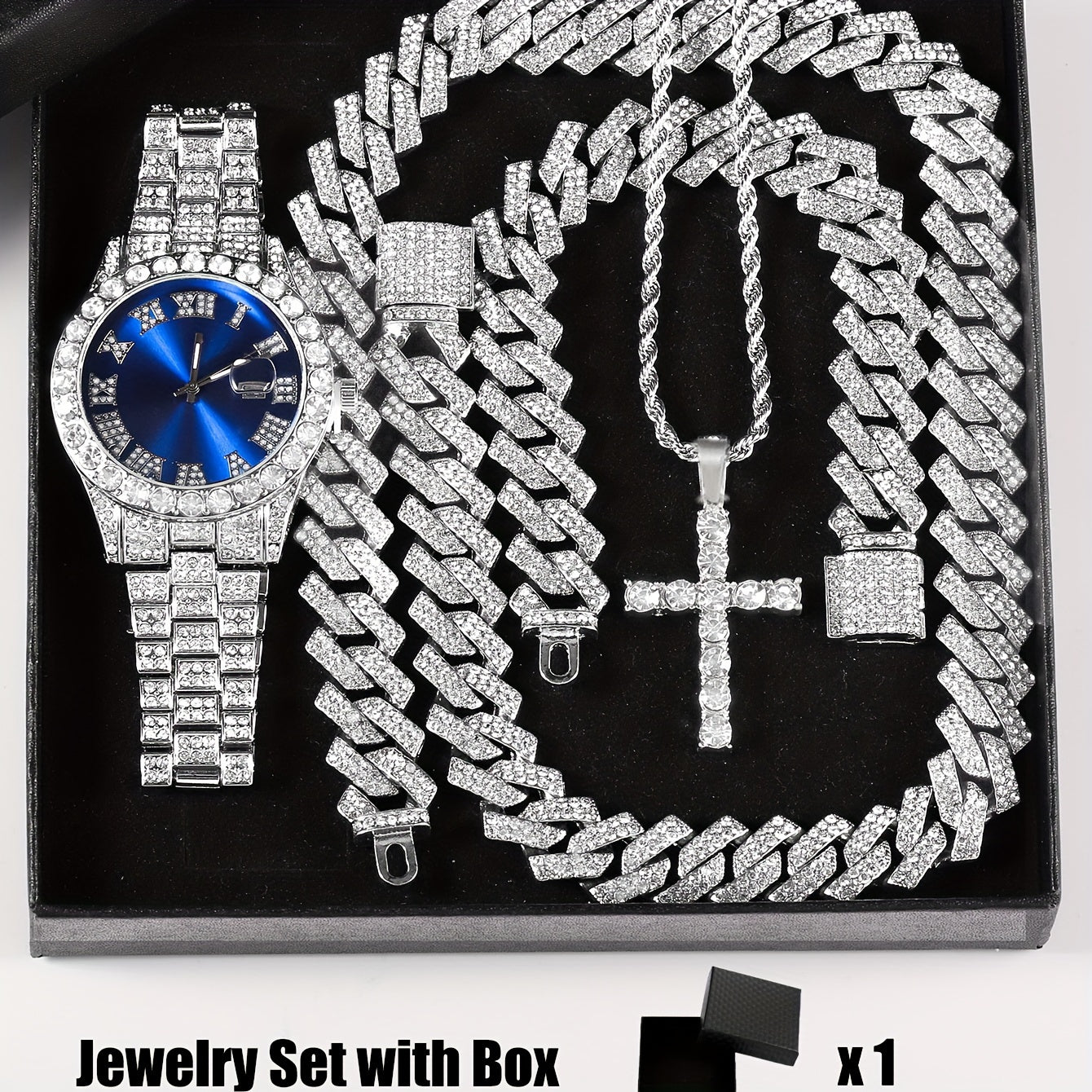 Rhinestone Watch & Cross Pendant Jewelry Set 4-Piece for Men & Women – 5A Crystal Quartz Calendar Watch, Wedding & Daily Luxury Gift