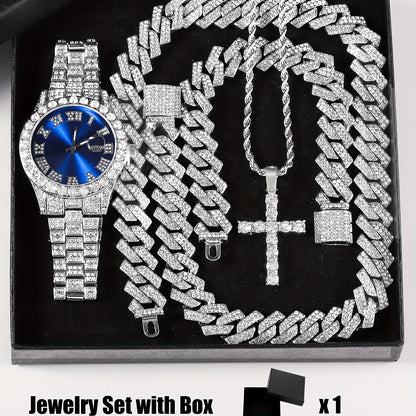 Rhinestone Watch & Cross Pendant Jewelry Set 4-Piece for Men & Women – 5A Crystal Quartz Calendar Watch, Wedding & Daily Luxury Gift