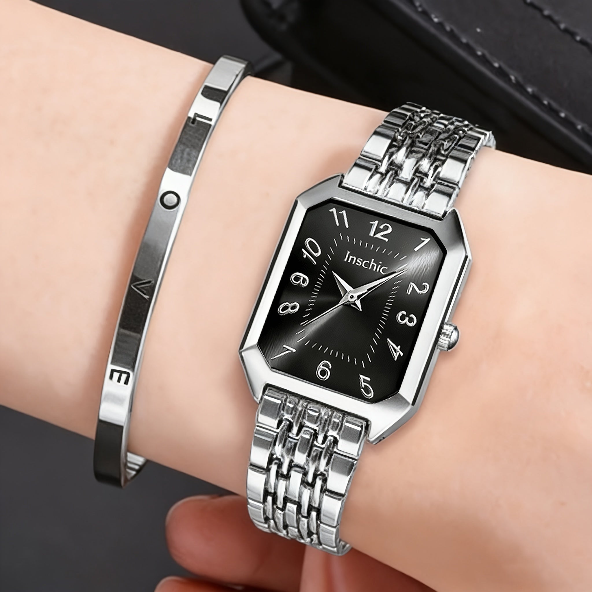 A 2pcs Women's Watch Gift Set Featuring a Trendy Open Bangle Combination with a Casual Quartz Watch, Classic Vintage Rectangular Dial Watches for Men, Christmas, Birthday Gifts, Reloj Para Hombre.(Box Not Included).