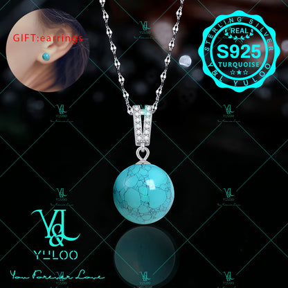 Turquoise Pendant Necklace S925 Sterling Silver Natural Genuine Turquoise 18+2 Inch Adjustable Chain with Bonus Earrings Gift for Women