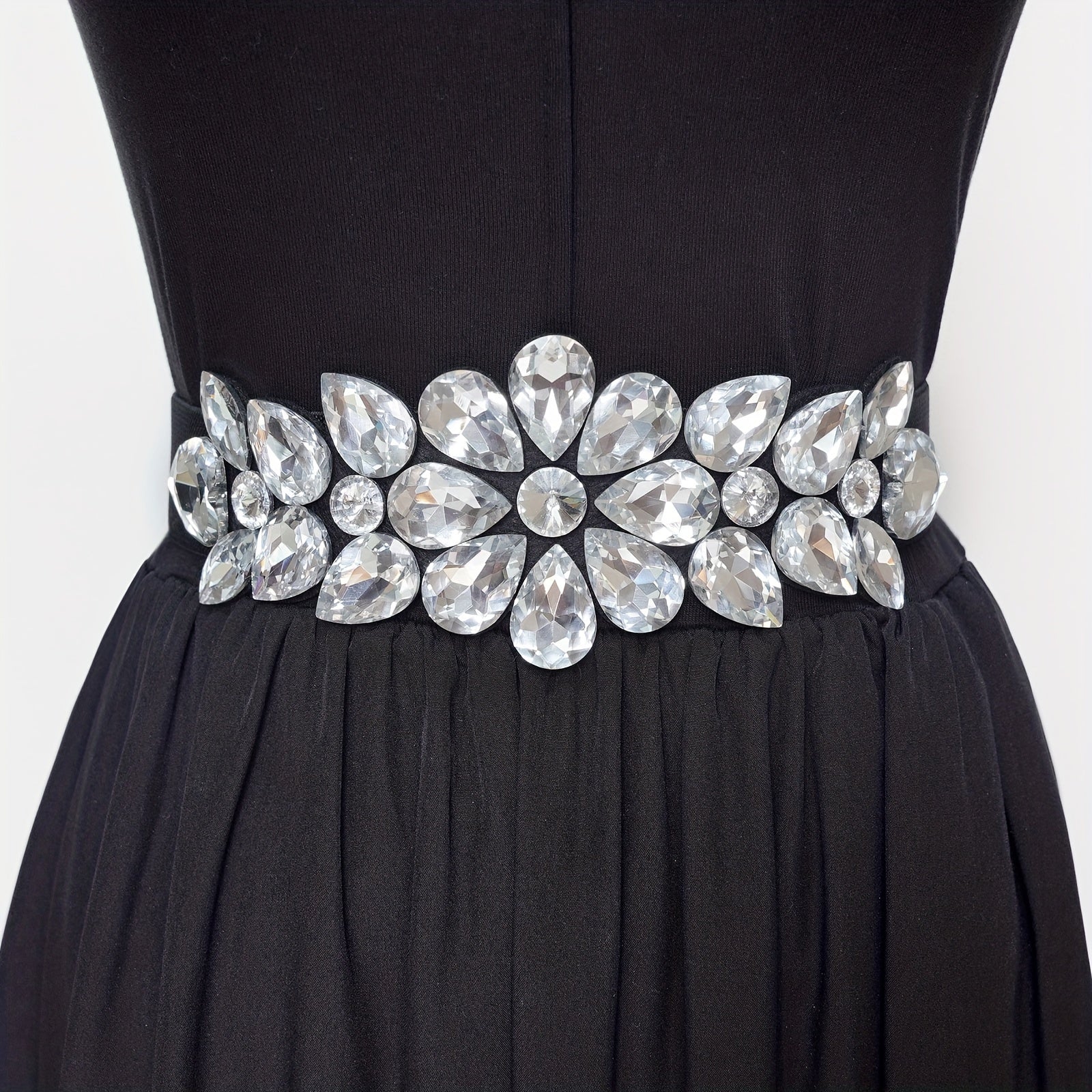 Ladies Fashion Shiny Big Bead Glass Synthetic Gem Exaggerated Gorgeous Style Dinner Stretch Belt