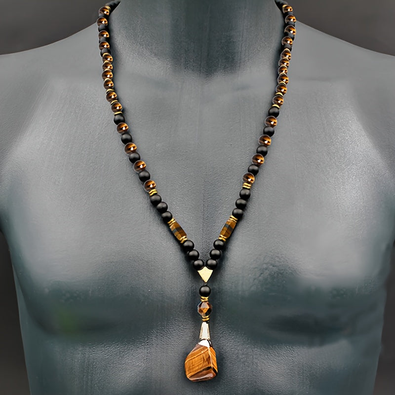 Stylish 8Mm Natural Stone Tiger Eye Pendant Necklace for Men - Adjustable Long Chain with Black Agate Beads - A Distinctive Christmas Gift Idea Featuring a Creative Natural Stone Necklace