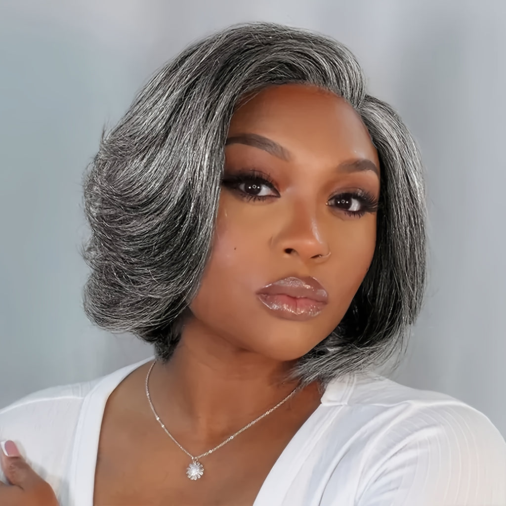 Grey Straight Hair Pixie Cut with Bangs 12 Inch Highlight Silvery Grey Synthetic Pixie Bob Hair Wig for Women Daily Dress Up Cosplay
