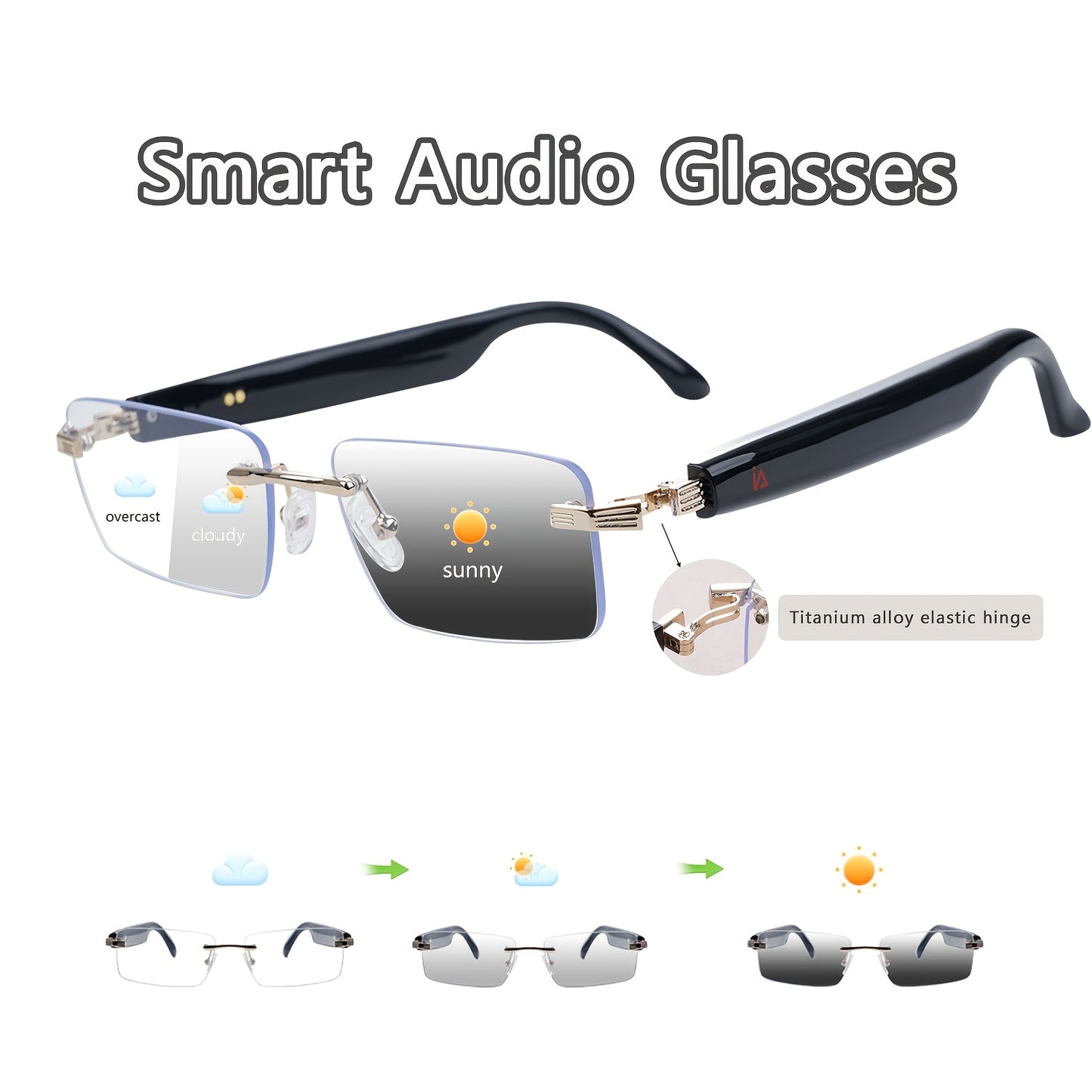 Smart Audio Glasses with Photochromic Lenses - Bluetooth Sunglasses for Music Calls Driving Sports, Anti Blue Light Auto Color Changing Unisex Eyewear in Gray Blue Black Transparent Coffee Yellow Silver