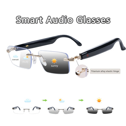 Smart Audio Glasses with Photochromic Lenses - Bluetooth Sunglasses for Music Calls Driving Sports, Anti Blue Light Auto Color Changing Unisex Eyewear in Gray Blue Black Transparent Coffee Yellow Silver