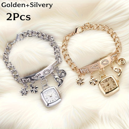 Women's Bracelet Watch LOVE Quartz Roman Numeral Square Dial Flower Decor Dress Watch Ladies Fashion Gift for Anniversary Birthday Christmas