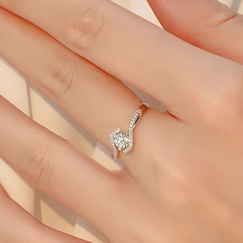 Elegant 925 Sterling Silver Ring with Zirconia Inlay Suitable for Daily And Gift Occasions, Valentine'S Day Jewelry, Hollowed Out Twisted Four Claw Circular Engagement Ring