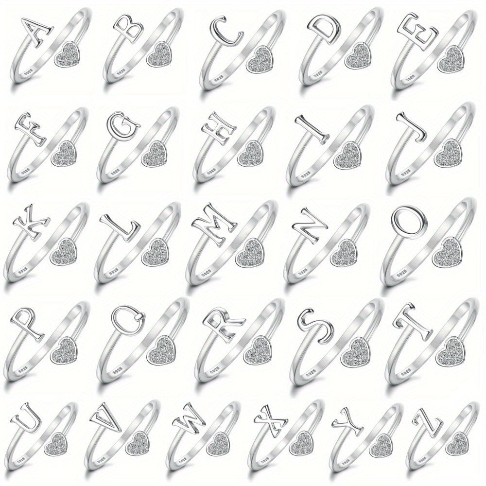 1pc 925 Sterling 925 Silver Letter Heart Initial Rings for Men Initial Heart Stackable Rings Adjustable Initial Rings for Men Cute Heart Alphabet Valentine's Day Jewelry Gifts, the best Christmas gift, Total weight of the product (3.2g)