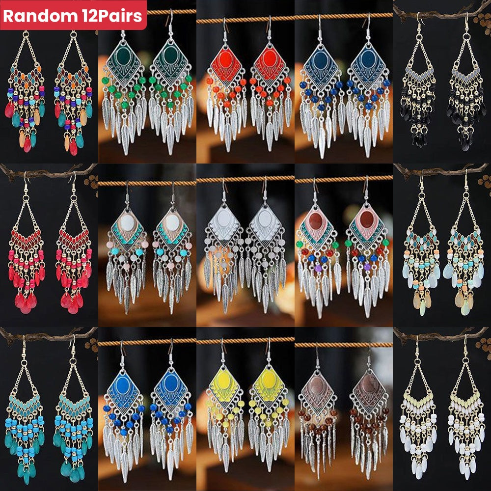 12Pairs(Total24pcs) Vintage Long Tassel Dangle Drop Earrings, Handmade, Multi-colored Bead, Bohemian Geometry Hook Earring, Ethnic Style Jewelry, Daily Accessory, Suitable for Banquet/Party/Wedding, Random Styles, Perfect Gift for Women, Mom, Her