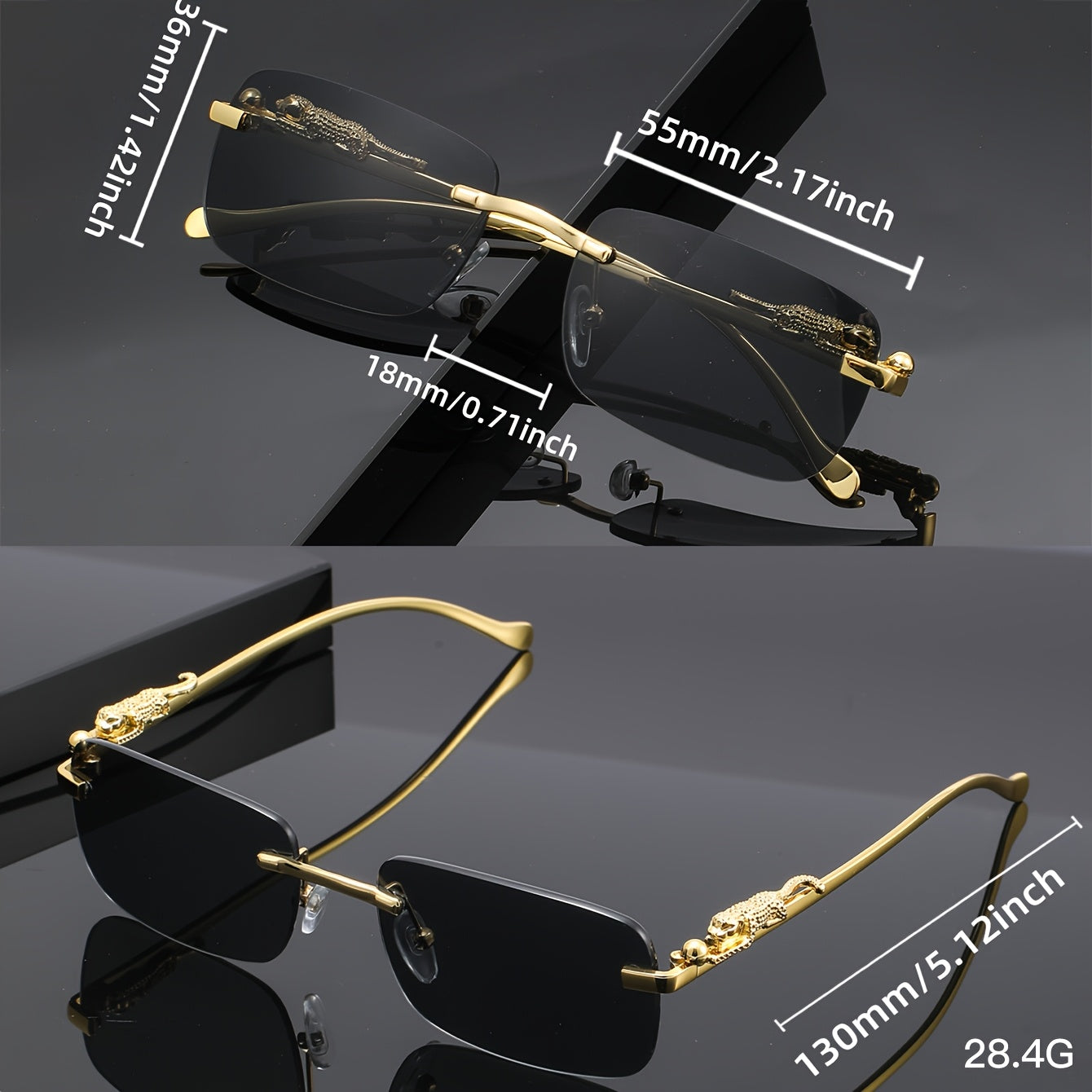 Leopard Print Sunglasses Frameless Square Gold Frame - Fashion Eyewear Unisex Men Women with Case Cleaning Cloth 3 Lens Colors