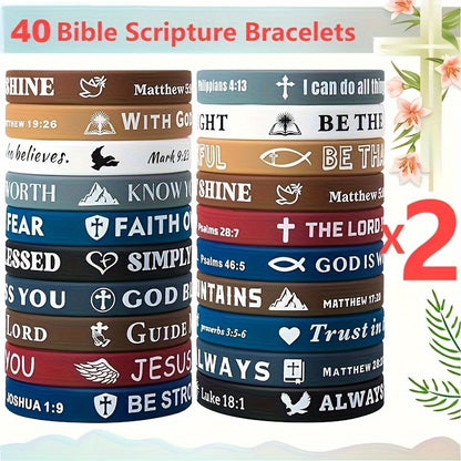 Bible Verse Silicone Bracelets 40pcs - Colorful Inspirational Christian Wristbands for Men & Women, Lightweight Comfortable Daily Wear, Church Party Bulk Gift Set