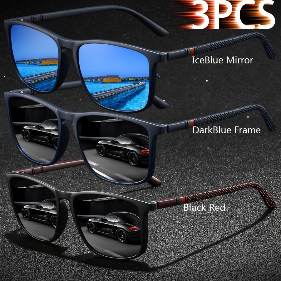 3 Pairs of  Striped Square Fashionable Men's and Women's Fashion Glasses - Luxurious Designer Anti-glare Black, Deep  and Red Color Combination - Fashionable UV Protection, Suitable for Driving, Fishing, Traveling and Beach Outfits