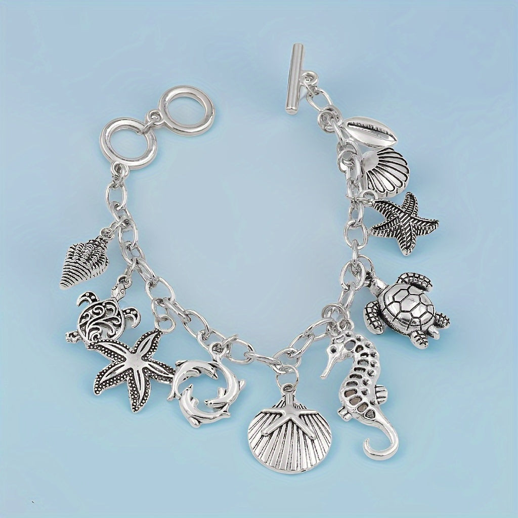 Ocean Charm Bracelet 925 Sterling Silver Marine Animal Pendant Chain Bracelet Seahorse Turtle Dolphin Starfish Conch Beach Jewelry Friendship Gift Women
