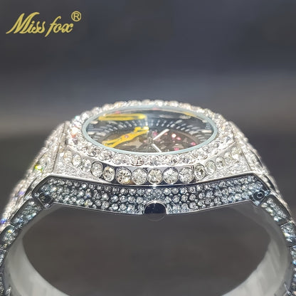 Men's Rhinestone Skeleton Mechanical Watch | Hip-Hop Luxury Iced Out Diamond Dial Automatic Wristwatch, Gold & Silver Fashion Timepiece for Men