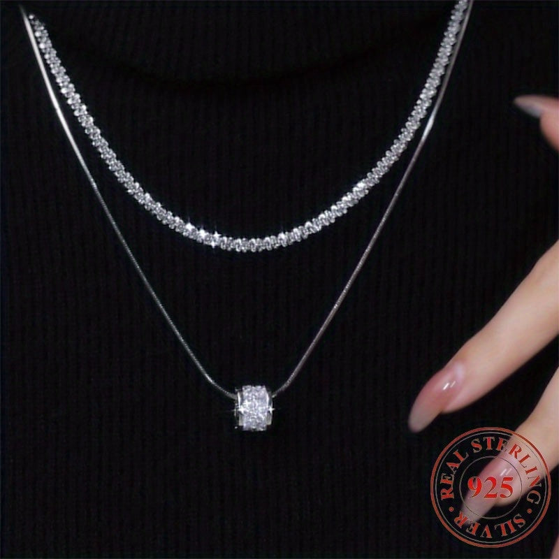 S925 Pure Silvery Elegant Double Layered Clavicle Chain Necklace for Women, Simple Fashion Sweater Chain with Synthetic Cubic Zirconia, Versatile for Daily & Gift Occasions, All Seasons