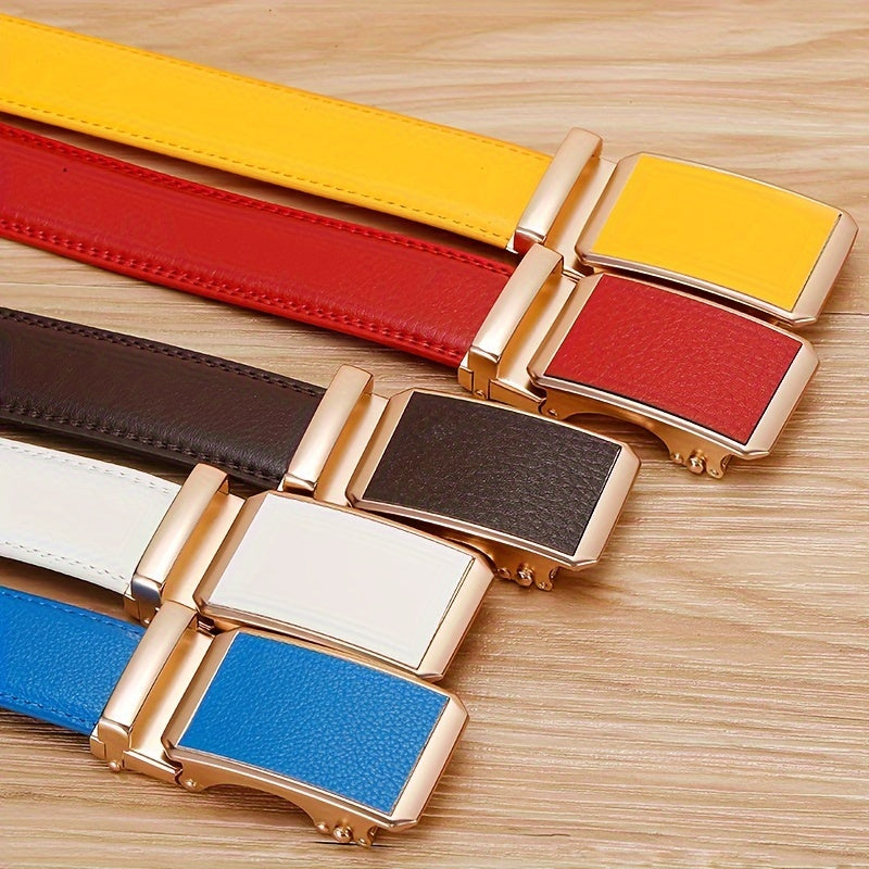 Elegant Men's Faux Leather Belts with Automatic Buckle - Versatile Casual & Business Accessory in Multiple Colors (Blue, Red, Green, Yellow, Brown, Gray, White, Blue-Gray) - Ideal Gift for Him