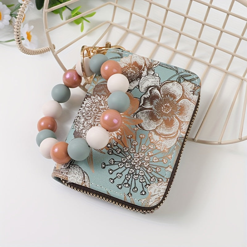 1pc Fashionable And Elegant Bright Bead Bead Wrist Keychain Printed Organ Storage Bag ID Storage Bag Clip Women'S Zero Wallet Keychain Gift For Friends And Mothers
