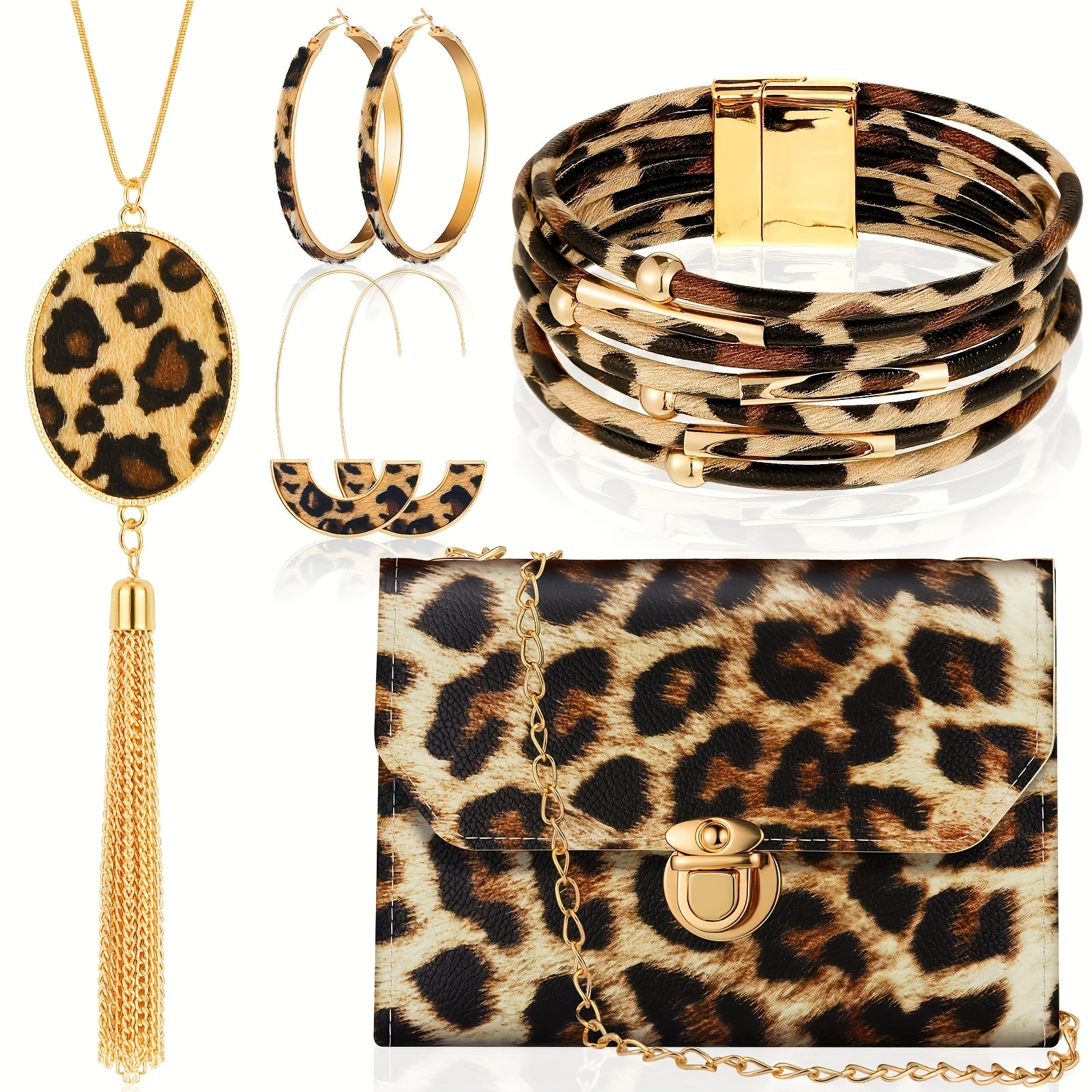 7/ Pcs Set Bohemian Style Leopard Print Jewelry Sets - Plastic Fashion Accessories Including  Necklaces, Earrings, Bracelets, and Handbags - Suitable for Daily and Vacation Wear