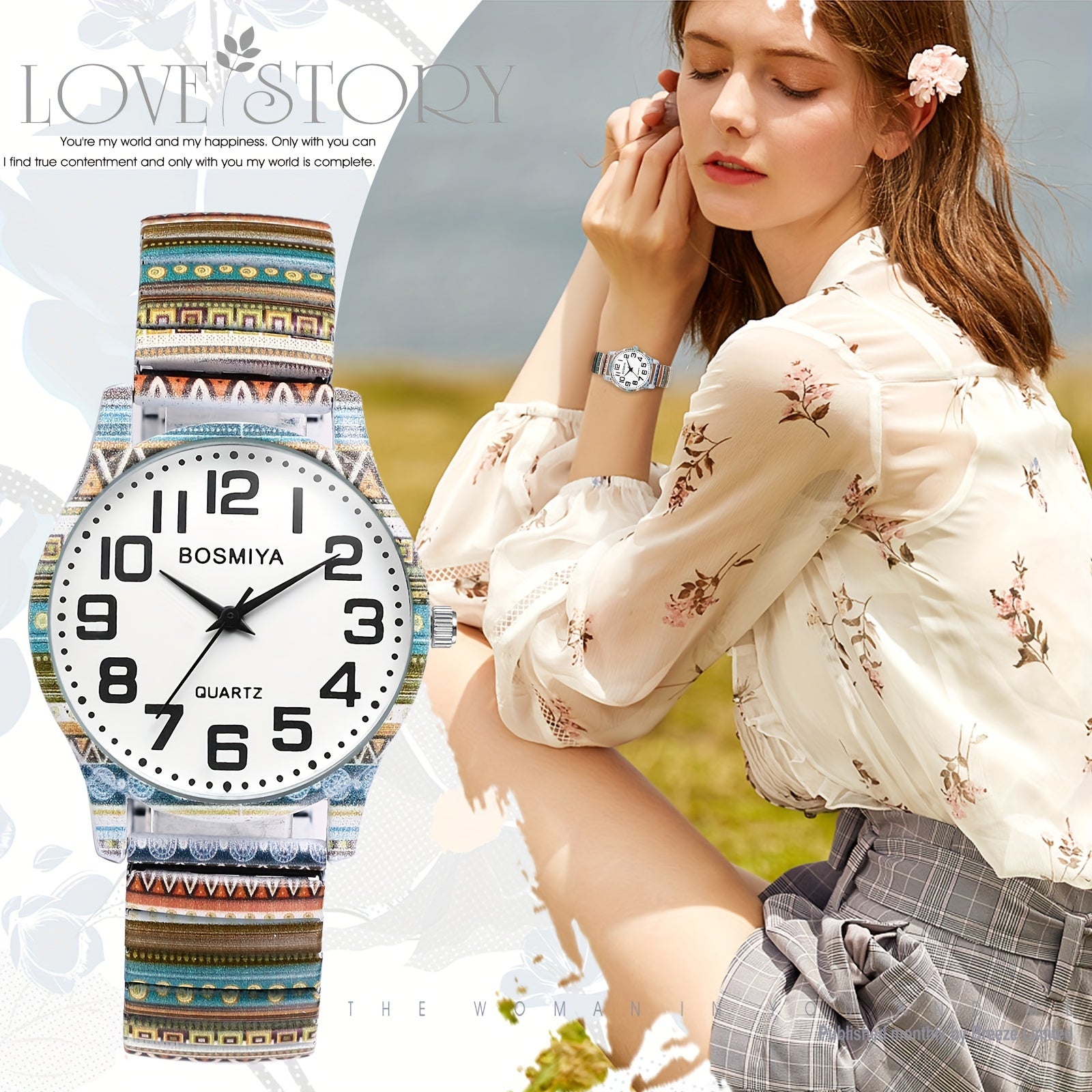 Bohemian Analog Quartz Watch, Women's Watches, Printed Stretch Stainless Steel Strap, Large Arabic Numerals Scale Dial, Clear And Easy to Read, Easy to Wear, Christmas Birthday Gift