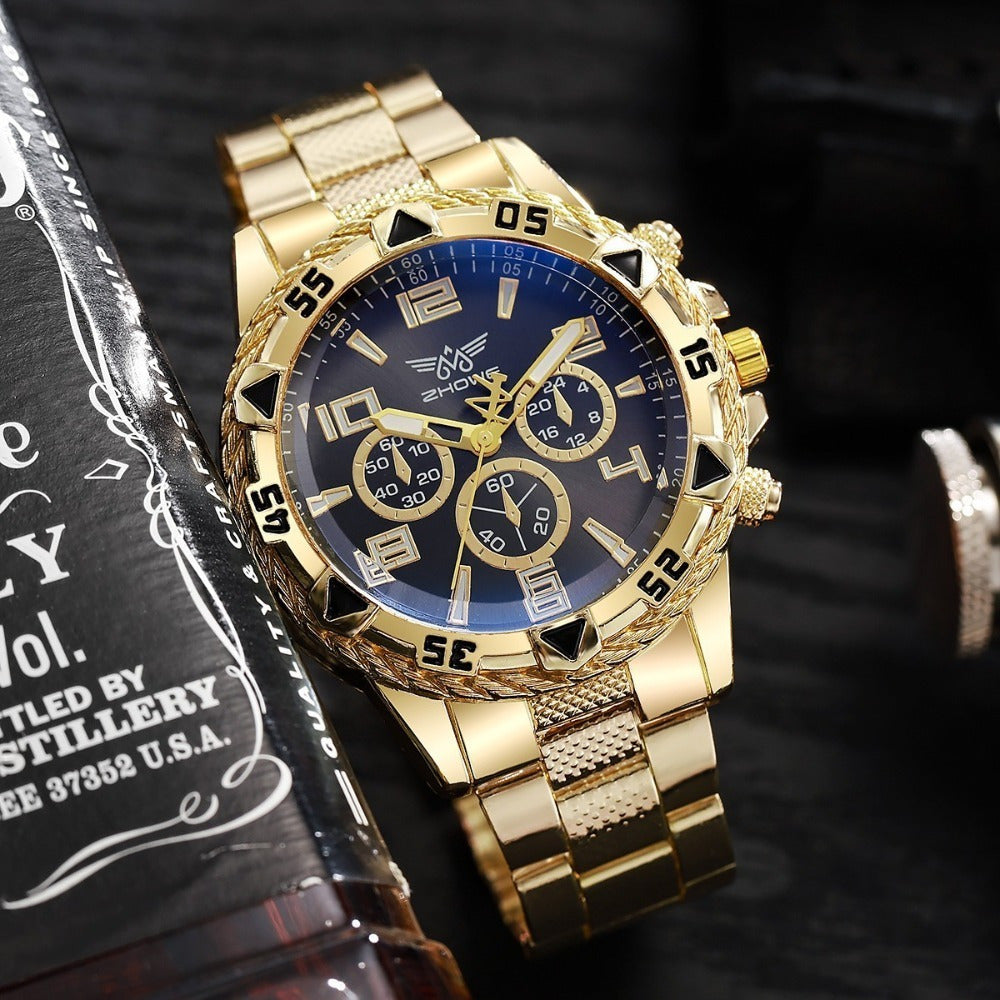 Men's Chunky Sport Watch – Gold & Silver Plated Chronograph-Style Bold Case, Blue Dial Option, Trendy Fashion Wristwatch for Men