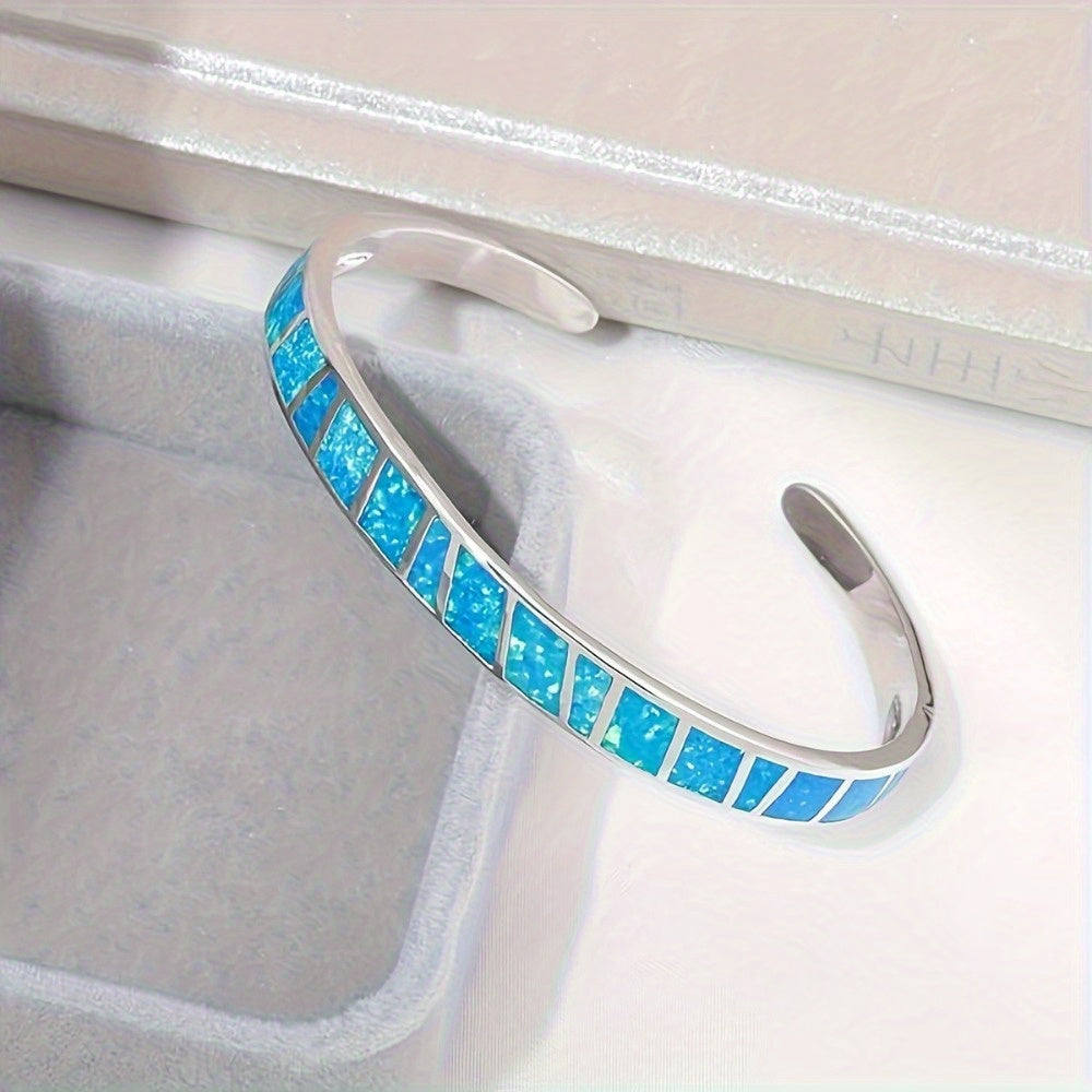 925 Sterling Silver Opal Bracelet – Adjustable Vintage Chain Bracelet for Women, Elegant Blue Pink White Gemstone Jewelry for Daily Wear & Special Occasions