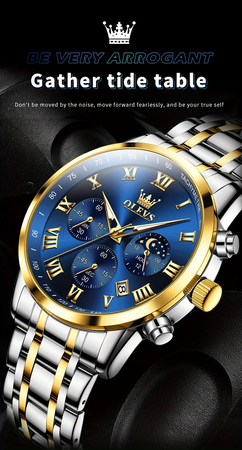 OLEVS Men's Luxury Dress Watch – Stainless Steel Chronograph, Moon Phase, Roman Numerals Analog Quartz Wristwatch, Elegant Gift for Him