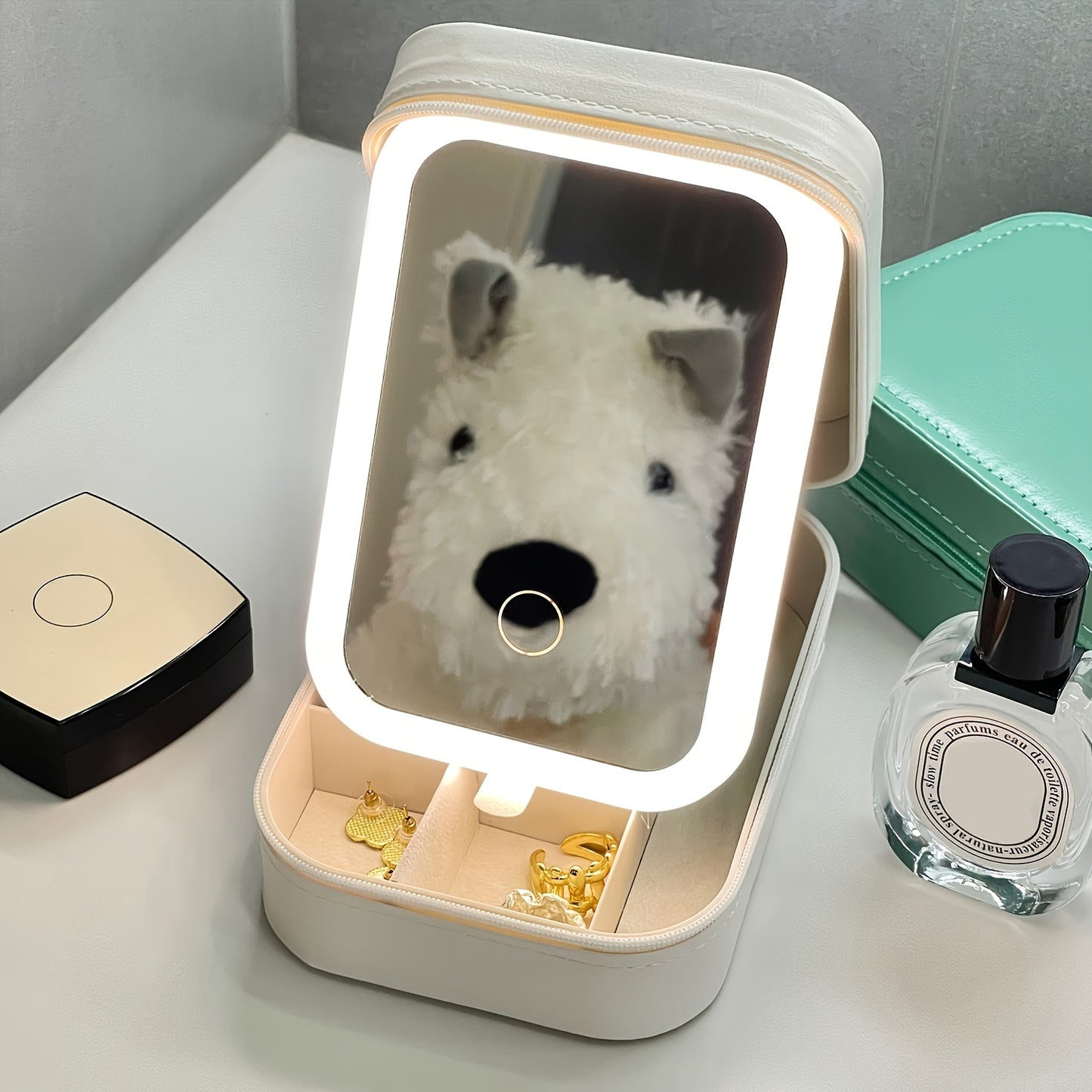 Travel Makeup Bag with LED Mirror Jewelry Box Portable Rechargeable 3 Color Adjustable Light Vanity Case Organizer Wedding Bridal Mother's Day Gift