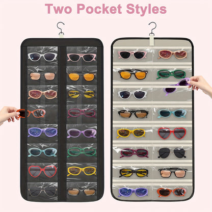 Hanging Glasses Organizer 32 Slots Wall Mounted Sunglasses Storage Holder Double Sided 360 Rotatable Dustproof Travel Eyeglasses Jewelry Organizer