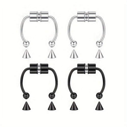 12pcs Set Of Magnetic Fake Nose Rings with Replacement Ball Nose Clip Silvery Black Stainless Steel Punk Style Septum Ring for Women, Safe And Painless Nostril Non Piercing Jewelry