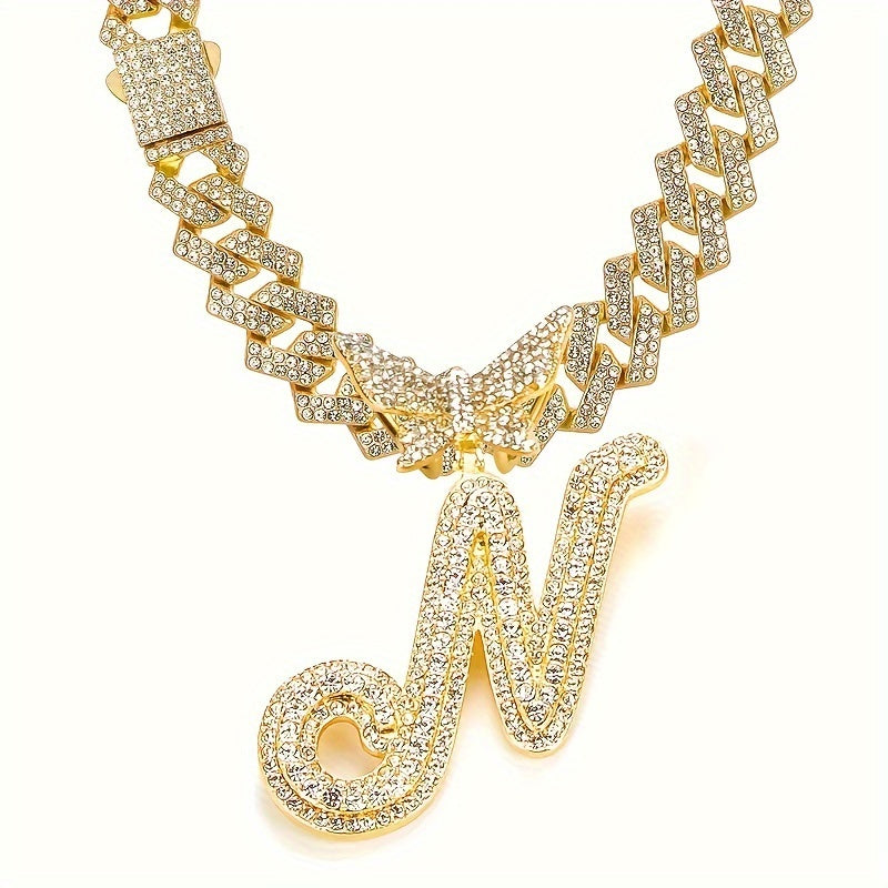 Cuban Link Chain Necklace - Initial Letter for Men Women - with Butterfly Alphabet Pendant A-Z, Gold & - product detail view