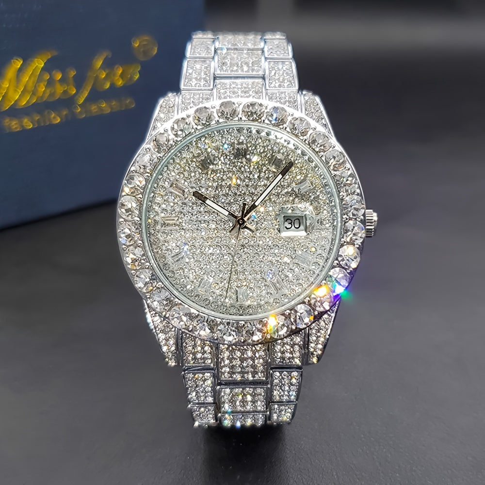 Men's Classic Business Iced Rhinestone Quartz Watch, Classic Fashion Wrist Watch