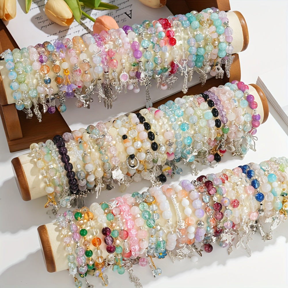 30pcs Random Women'S Glass Bead Bracelets Set With Floral & Butterfly Charms, Heart & Star Pendants Multicolor Tangle-Elastic Stretch Cord Bracelet, -for Everyday & Party Jewelry Gift Set (Valentine'S Day, Birthdays, Anniversaries) - Year-Round Wear