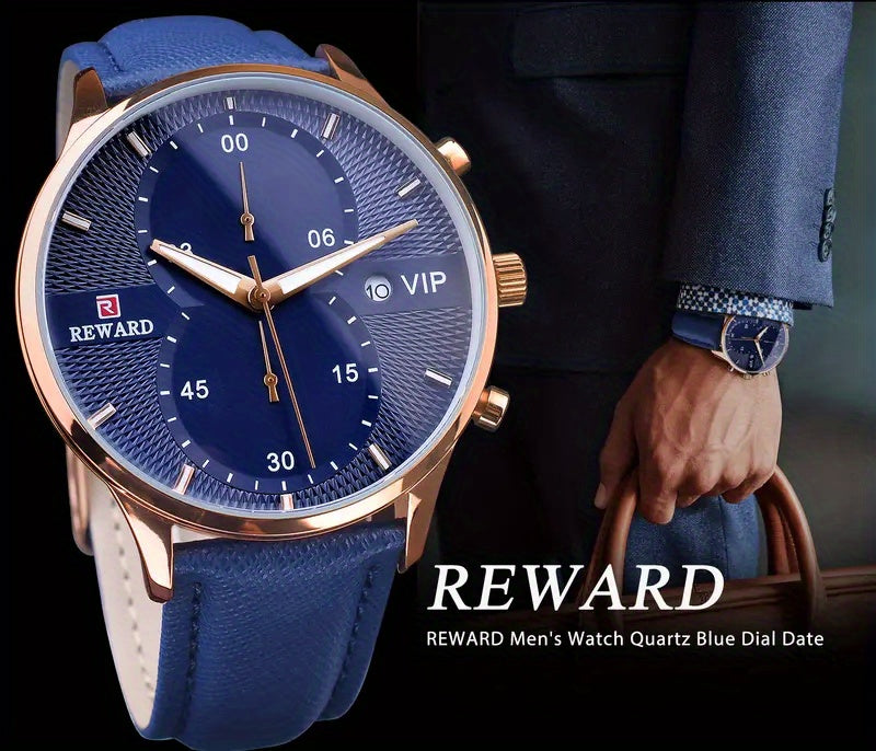 Men's Quartz Watch with PU Leather Strap, Date & Stopwatch — Gift Box Included | Golden & Blue