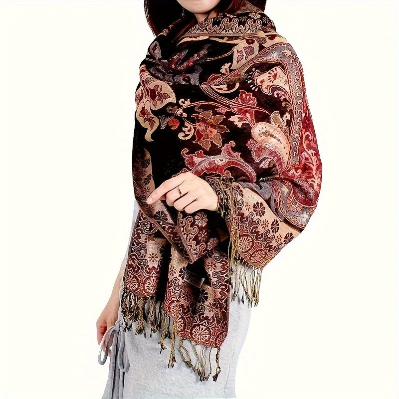 Brightly Colored Paisley Patterned Burgundy Scarf - Cozy, Warm, And Adaptable Neck Wrap Ideal for Travel, Music Festivals, And Daily Fashion - Ethnic-Inspired Shawl with Fringe Accents