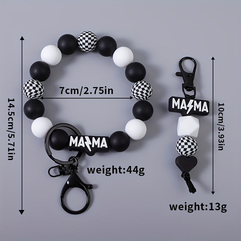 MAMA Beaded Keychain Set 2 Pcs - Handmade Checkered Bead Keyring for Women Men, Cute Car Key Pendant Bag Charm Accessory, Boho Mom Keychain Gift for Mother's Day Birthday Holiday