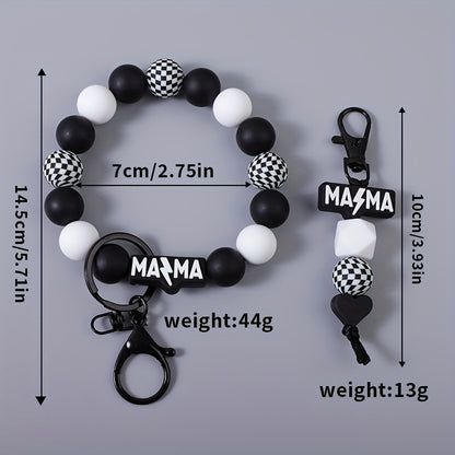 MAMA Beaded Keychain Set 2 Pcs - Handmade Checkered Bead Keyring for Women Men, Cute Car Key Pendant Bag Charm Accessory, Boho Mom Keychain Gift for Mother's Day Birthday Holiday