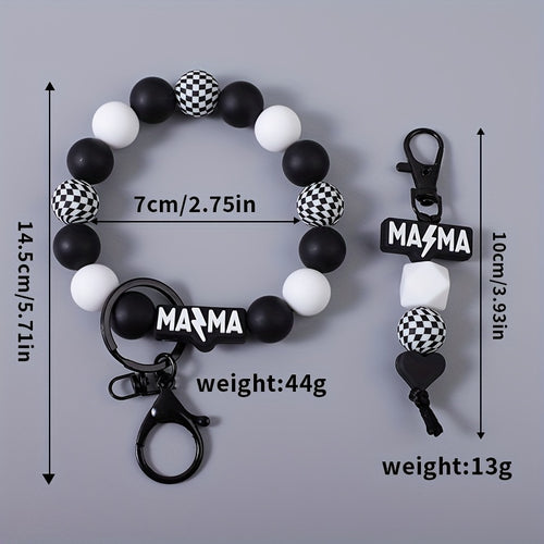 MAMA Beaded Keychain Set 2 Pcs - Handmade Checkered Bead Keyring for Women Men, Cute Car Key Pendant Bag Charm Accessory, Boho Mom Keychain Gift for Mother's Day Birthday Holiday