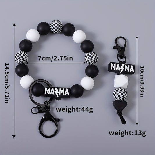 MAMA Beaded Keychain Set 2 Pcs - Handmade Checkered Bead Keyring for Women Men, Cute Car Key Pendant Bag Charm Accessory, Boho Mom Keychain Gift for Mother's Day Birthday Holiday