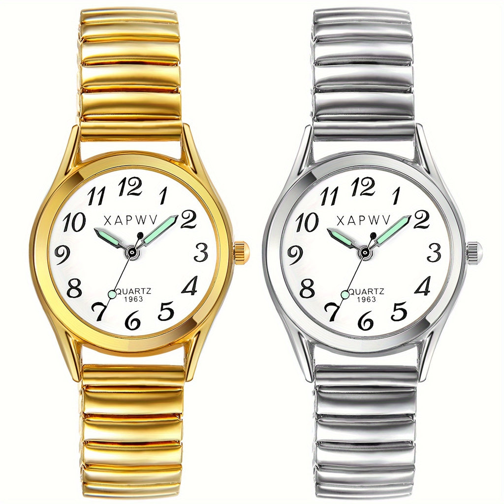 Fashion Simple Small Women's Mode Quartz Elastic Watch, Alloy Stretch Strap, Luminous Hands, Large Arabic Numerals Scale Dial, Round Ultra-thin Case, Birthday Anniversary Christmas Gifts Suitable for teens.