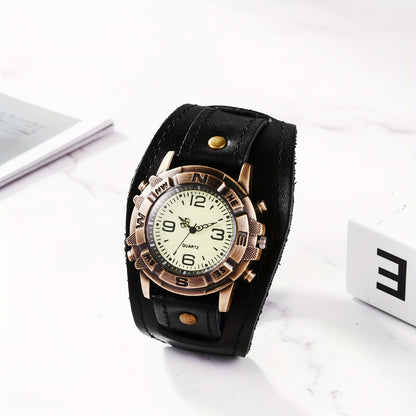 Steampunk Watch Vintage Wide Leather Strap Analog Quartz Wristwatch for Men Women Biker Watch Round Alloy Case Halloween Christmas Father's Day Gift