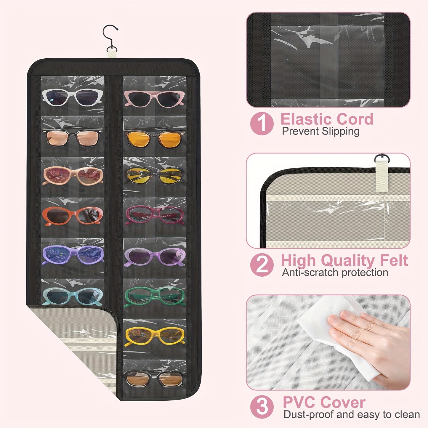 Hanging Glasses Organizer 32 Slots Wall Mounted Sunglasses Storage Holder Double Sided 360 Rotatable Dustproof Travel Eyeglasses Jewelry Organizer